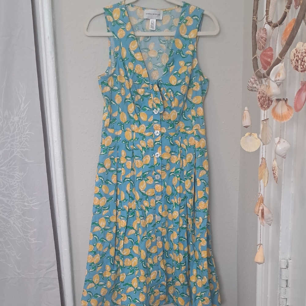 Donna Morgan Lemon Print Dress in Blue and Yellow